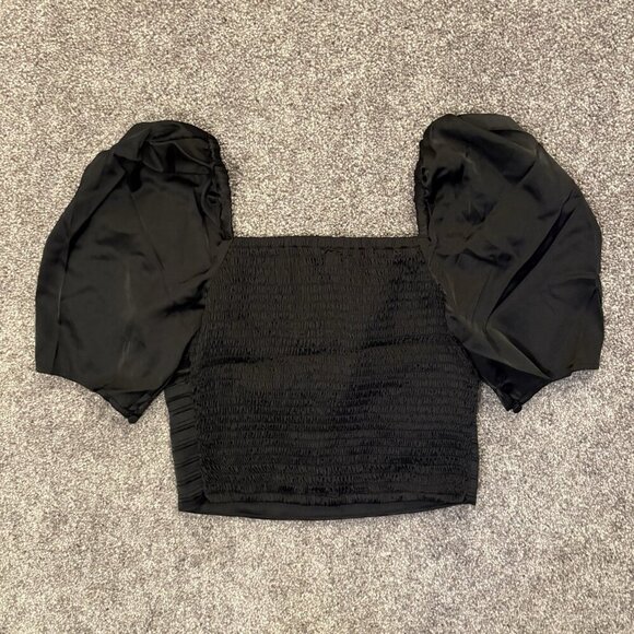 Express Women's Satin Top Size XS Black V-Bar Puff Sleeve Ruched Pleated NWT $58 - Picture 9 of 16